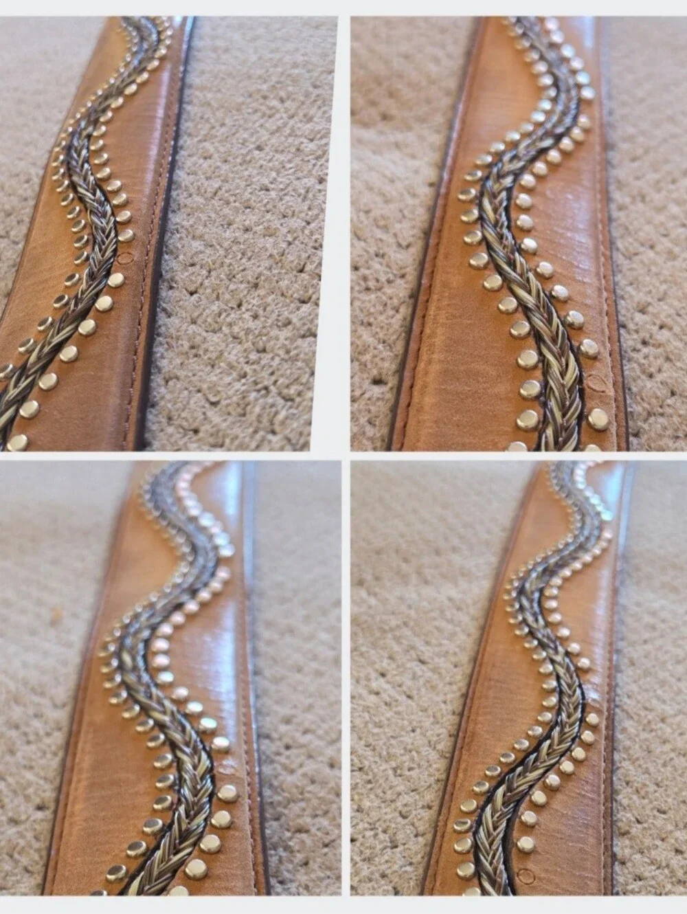 Vintage 1990's 3-D DDD Genuine Leather brown studded Braided Horse Hair Belt - Picture 2 of 16